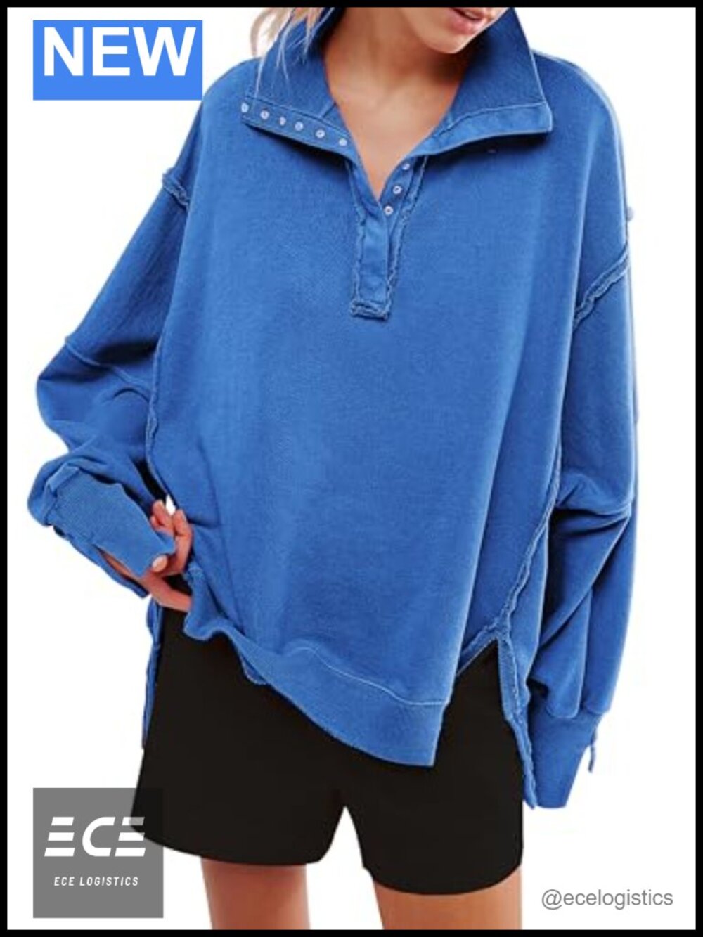Women's Oversized Henley V Neck Button Up High Low Split Sweatshirt Fall